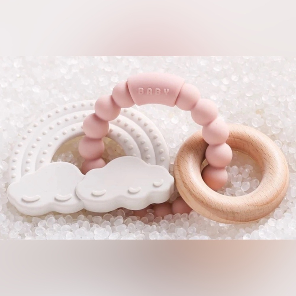 Pink Silicone Wood Baby Teether Ring | BPA Free Sensory Toy for Teething Relief